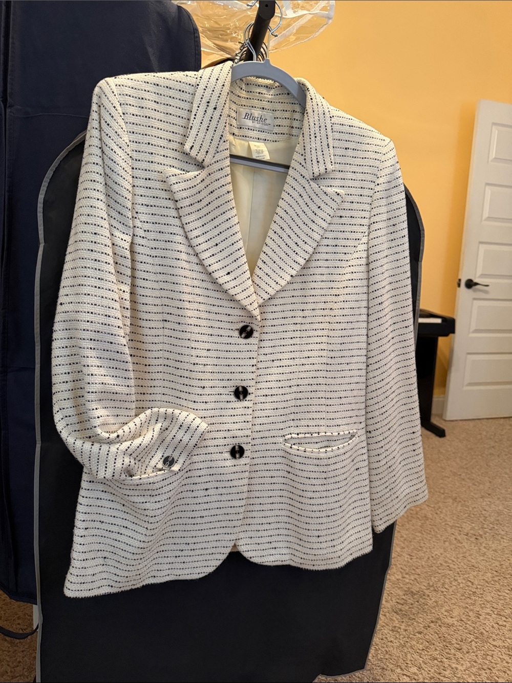 Vintage Blush Cream & Black Striped Tailored Blazer